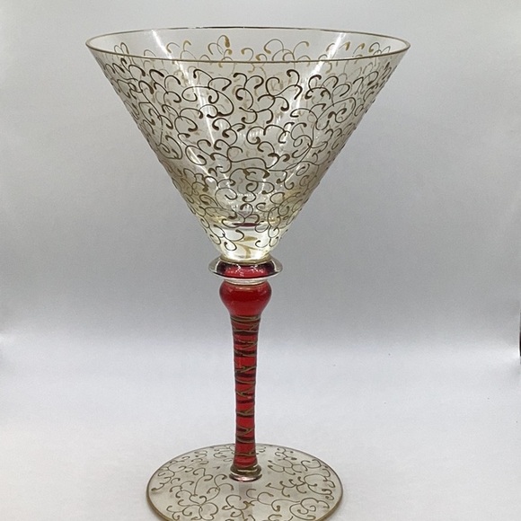 Rioja Pier 1 Imports Ruby Red Gold Scroll crystal martini glasses - Picture 2 of 5